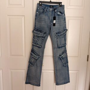 Mens Stacked Flare Cargo Jeans 30x34 Utility Streetwear Multi Pocket Light Wash